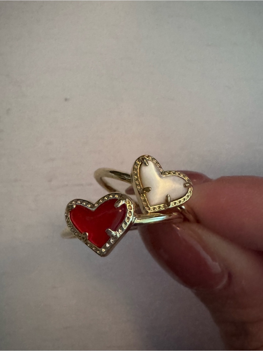 Two Kendra Scott Gold Heart Rings Red and White